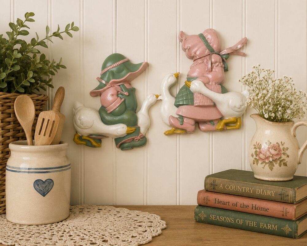 Vintage 1980s Country Goose Wall Plaques Pair Pink Sage Green Bonnet Cottagecore